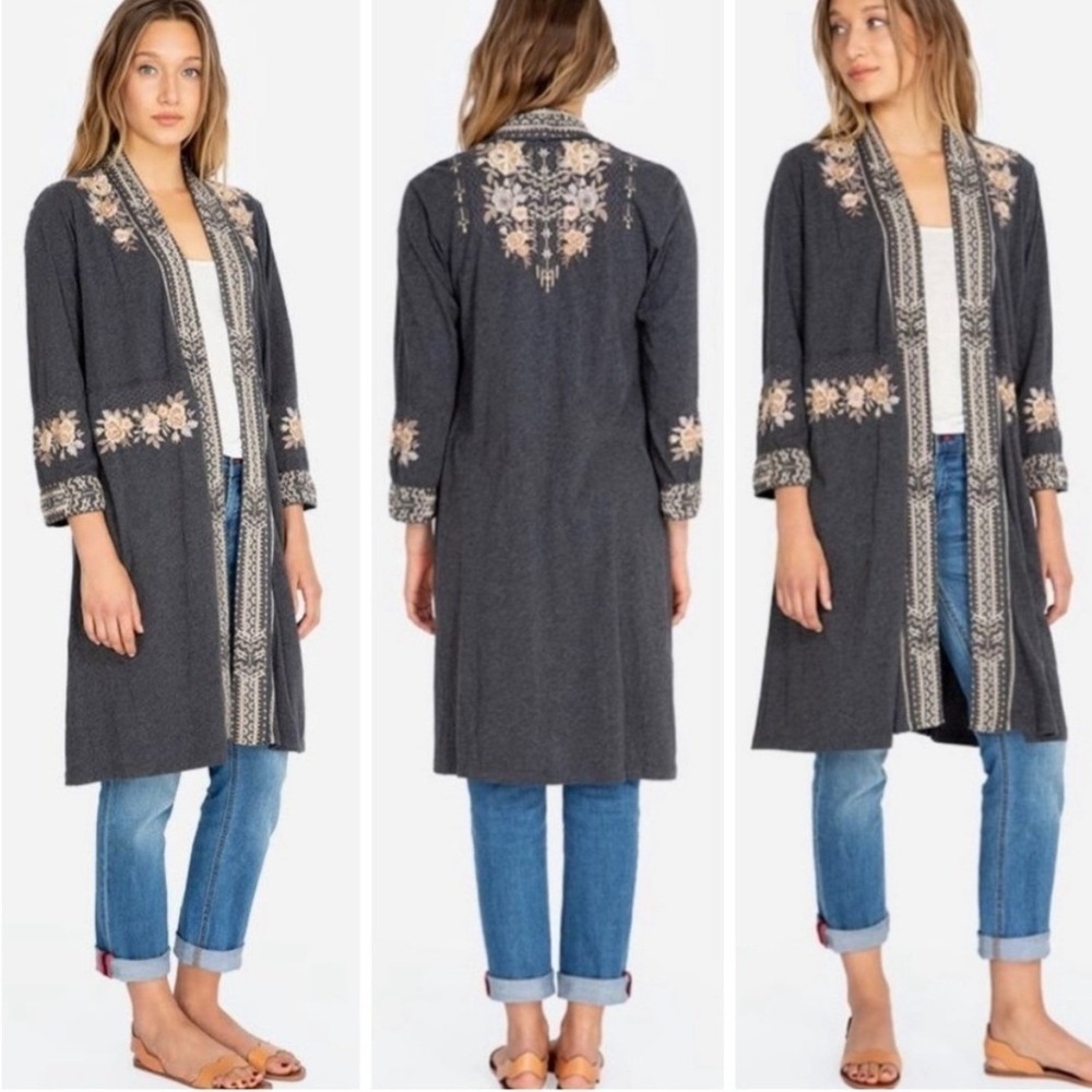 Johnny Was Marushka Cardigan XS Gray Floral Embroidered Boho Hippie Open Front